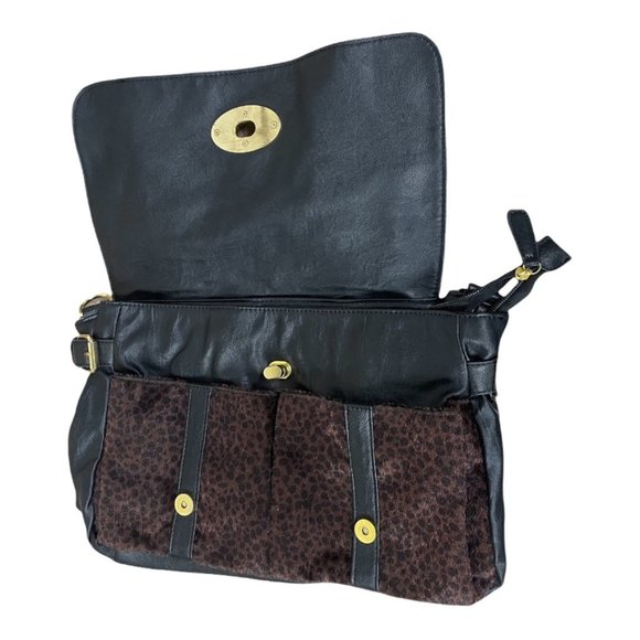 Big Buddha Handbag / Satchel Leopard Print Brown/Black Faux Fur - Picture 2 of 5